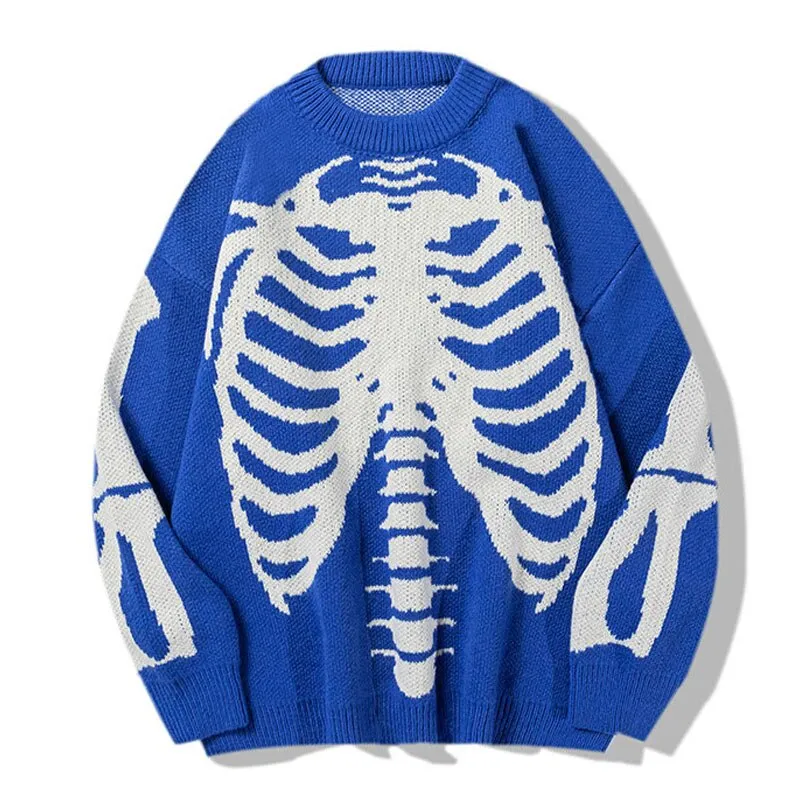 Streetwear Oversized Knitted Sweaters Mens Vintage Skeleton Bone Printed Hip Hop
