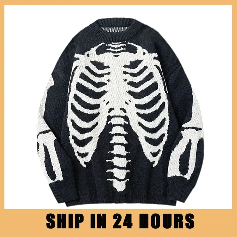 Streetwear Oversized Knitted Sweaters Mens Vintage Skeleton Bone Printed Hip Hop