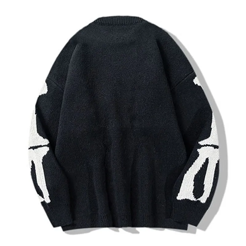 Streetwear Oversized Knitted Sweaters Mens Vintage Skeleton Bone Printed Hip Hop