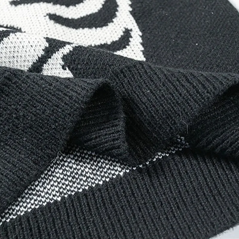 Streetwear Oversized Knitted Sweaters Mens Vintage Skeleton Bone Printed Hip Hop