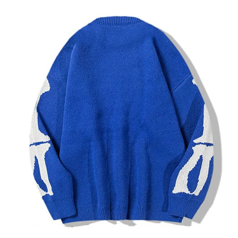 Streetwear Oversized Knitted Sweaters Mens Vintage Skeleton Bone Printed Hip Hop