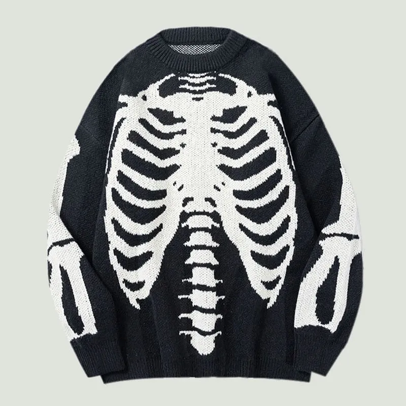 Streetwear Oversized Knitted Sweaters Mens Vintage Skeleton Bone Printed Hip Hop